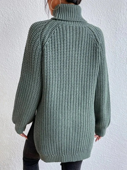 Full Size Turtleneck Rib-Knit Slit Sweater - Image #3