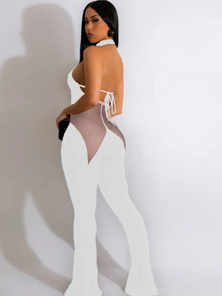 Nude Mesh Patchwork Skinny Jumpsuit - Image #3