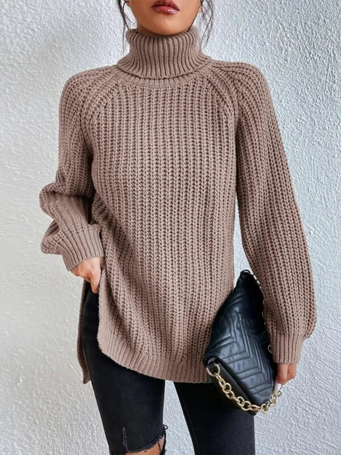 Full Size Turtleneck Rib-Knit Slit Sweater - Image #19