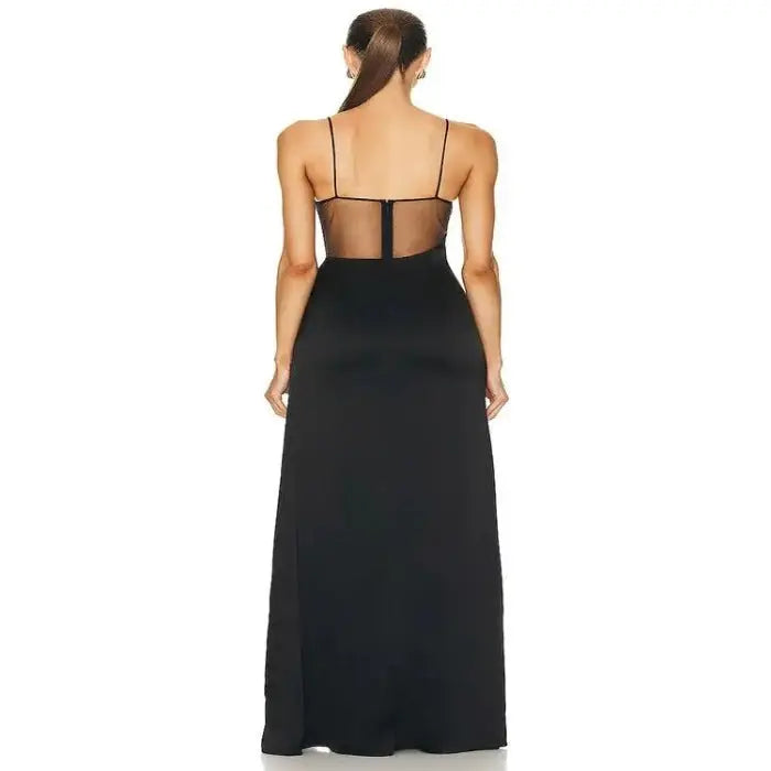 Mesh Splice Tight Fit High Split Long Dress - Image #3