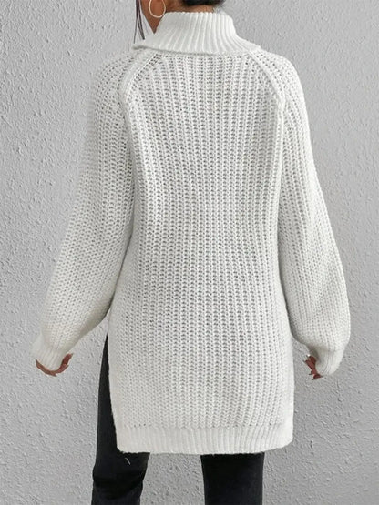 Full Size Turtleneck Rib-Knit Slit Sweater - Image #6