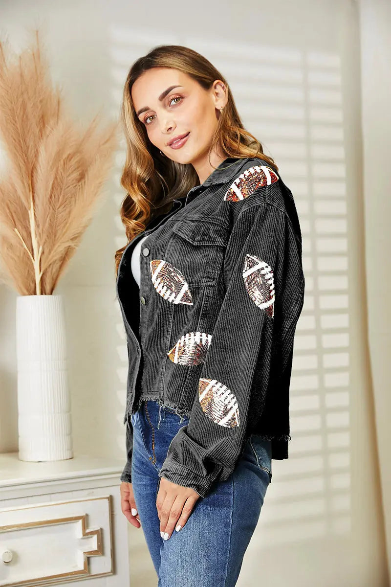 Sequin Football Patch Raw Hem Shacket - Image #2