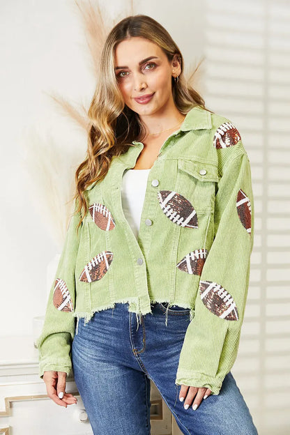 Sequin Football Patch Raw Hem Shacket - Image #24