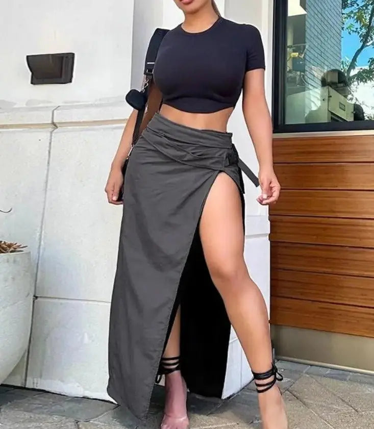 Over The Edge Nylon Cargo Long Skirt-Charcoal - Image #5