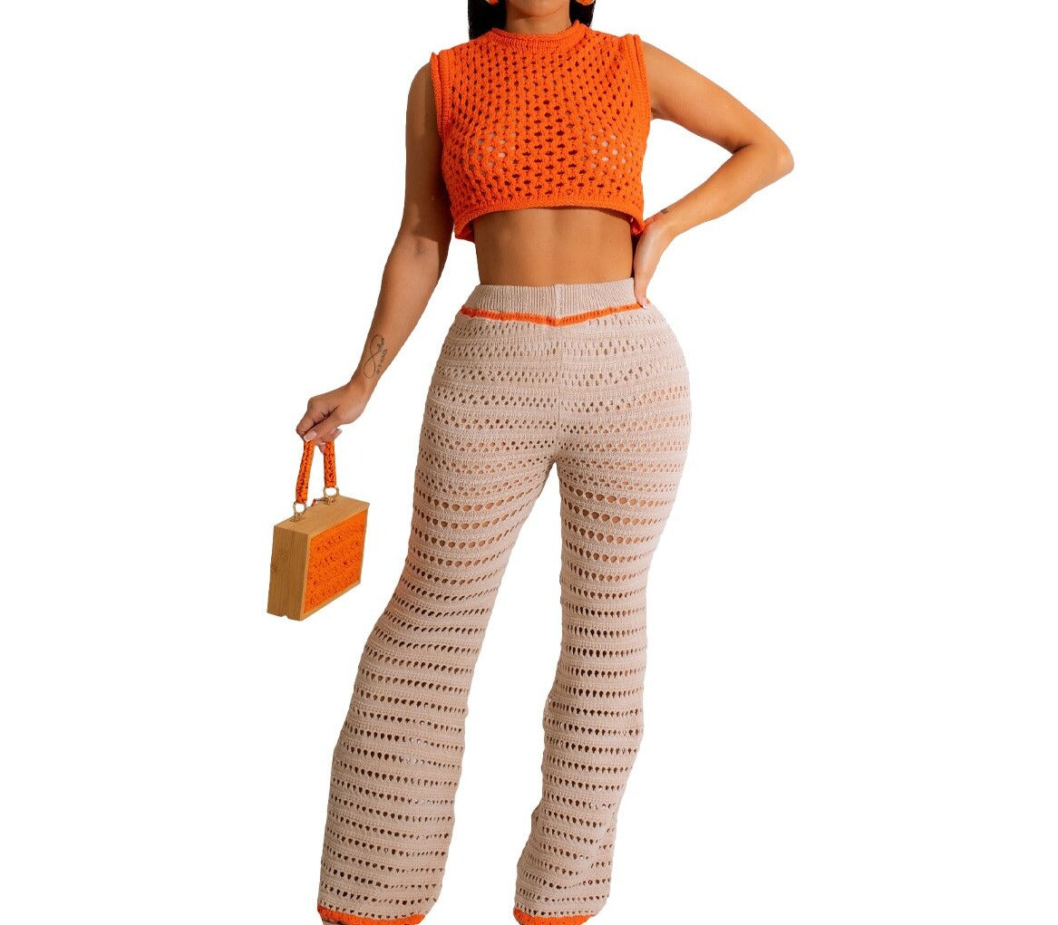 New Knitted Two Pieces Set Sexy women Hollow Out Crop Top