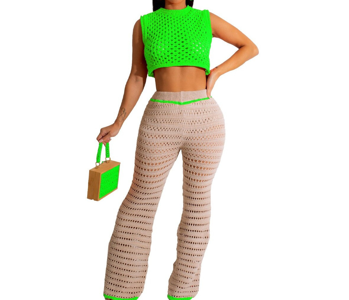 New Knitted Two Pieces Set Sexy women Hollow Out Crop Top