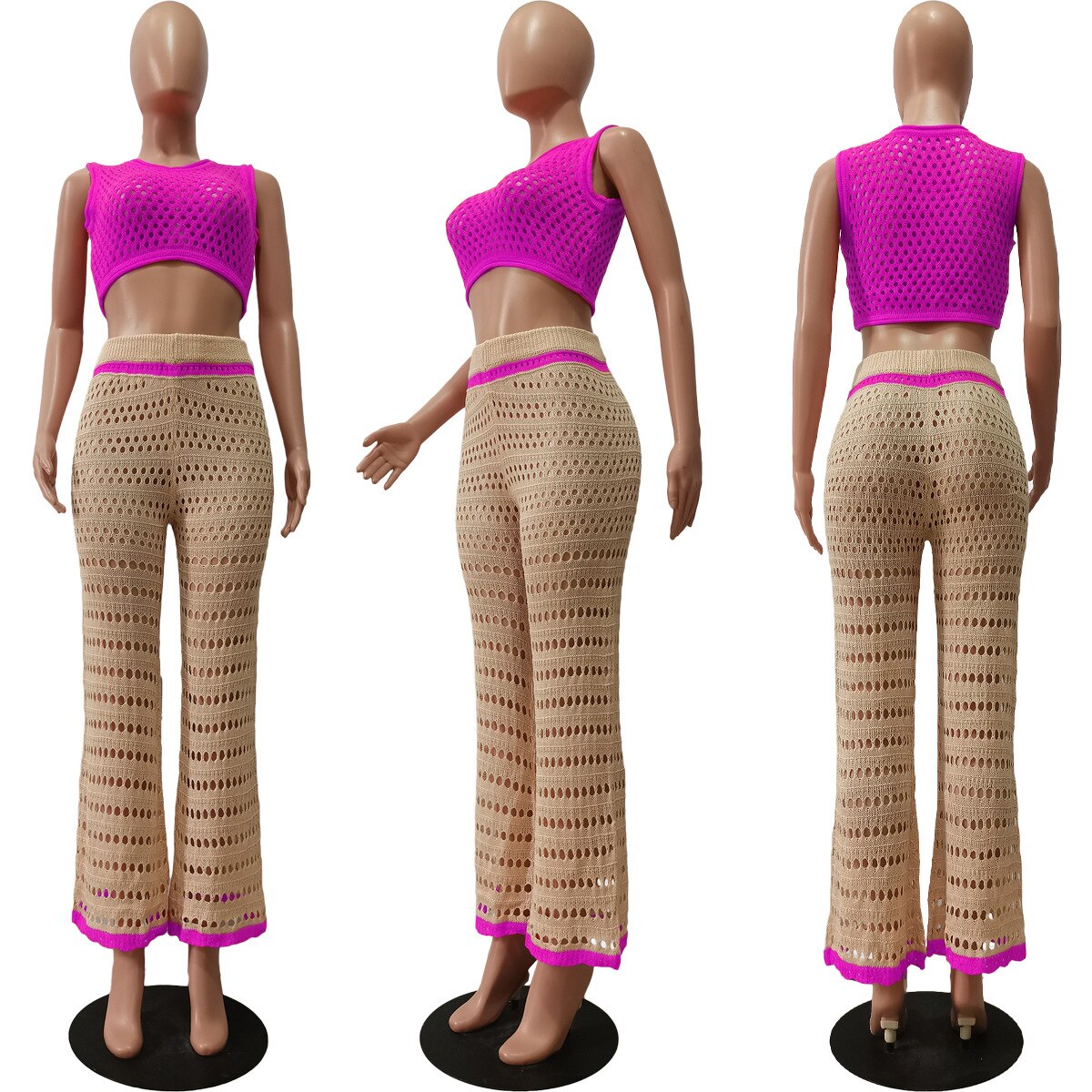 New Knitted Two Pieces Set Sexy women Hollow Out Crop Top