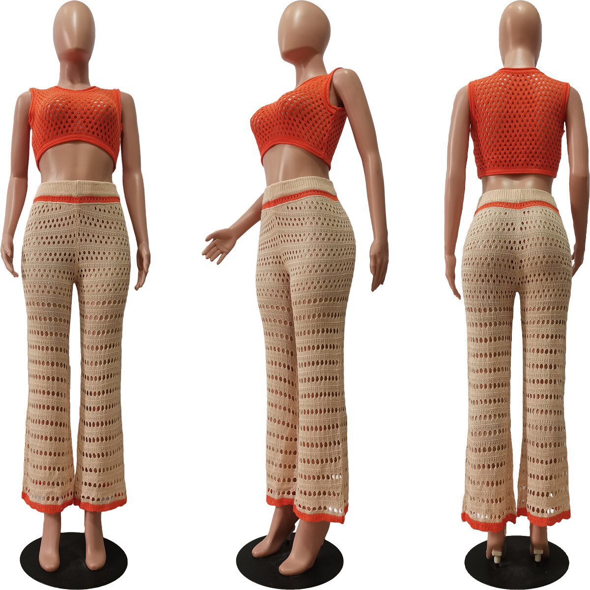 New Knitted Two Pieces Set Sexy women Hollow Out Crop Top