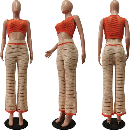 New Knitted Two Pieces Set Sexy women Hollow Out Crop Top