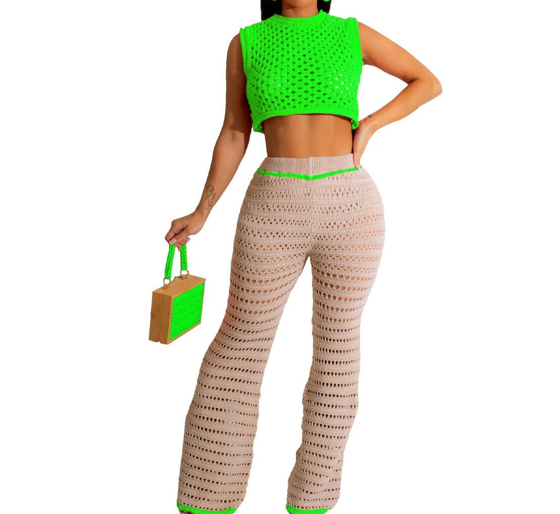 New Knitted Two Pieces Set Sexy women Hollow Out Crop Top