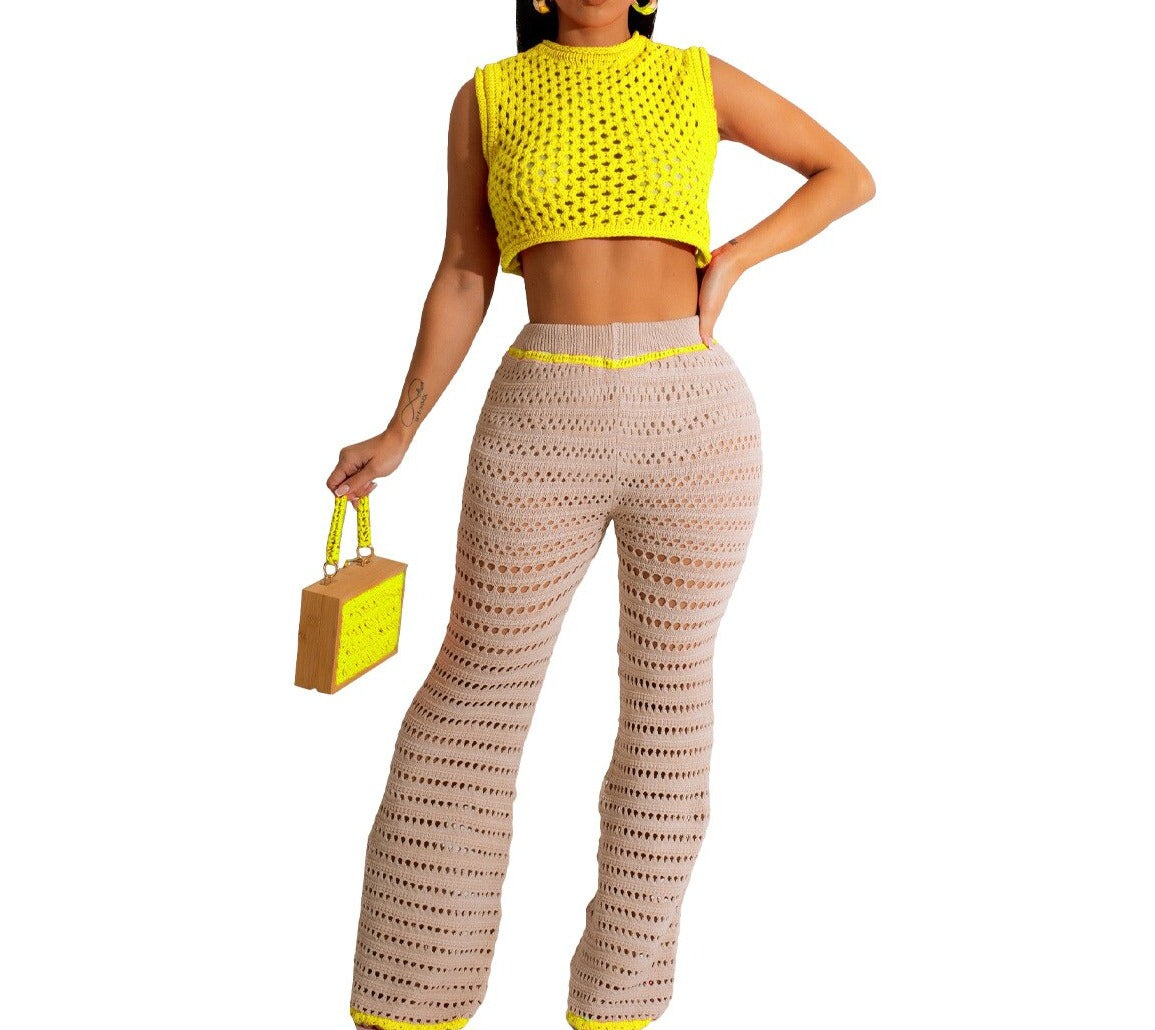 New Knitted Two Pieces Set Sexy women Hollow Out Crop Top