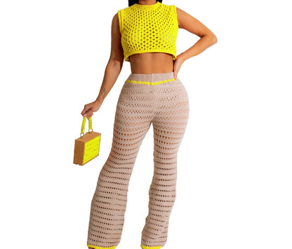 New Knitted Two Pieces Set Sexy women Hollow Out Crop Top