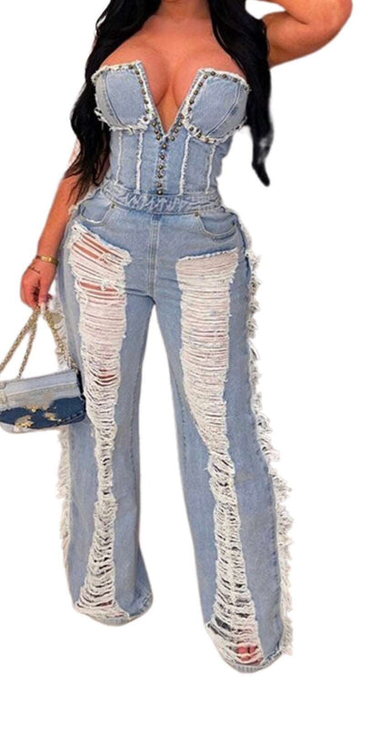 PINII Sexy One Pieces Ripped Jeans Tube Top