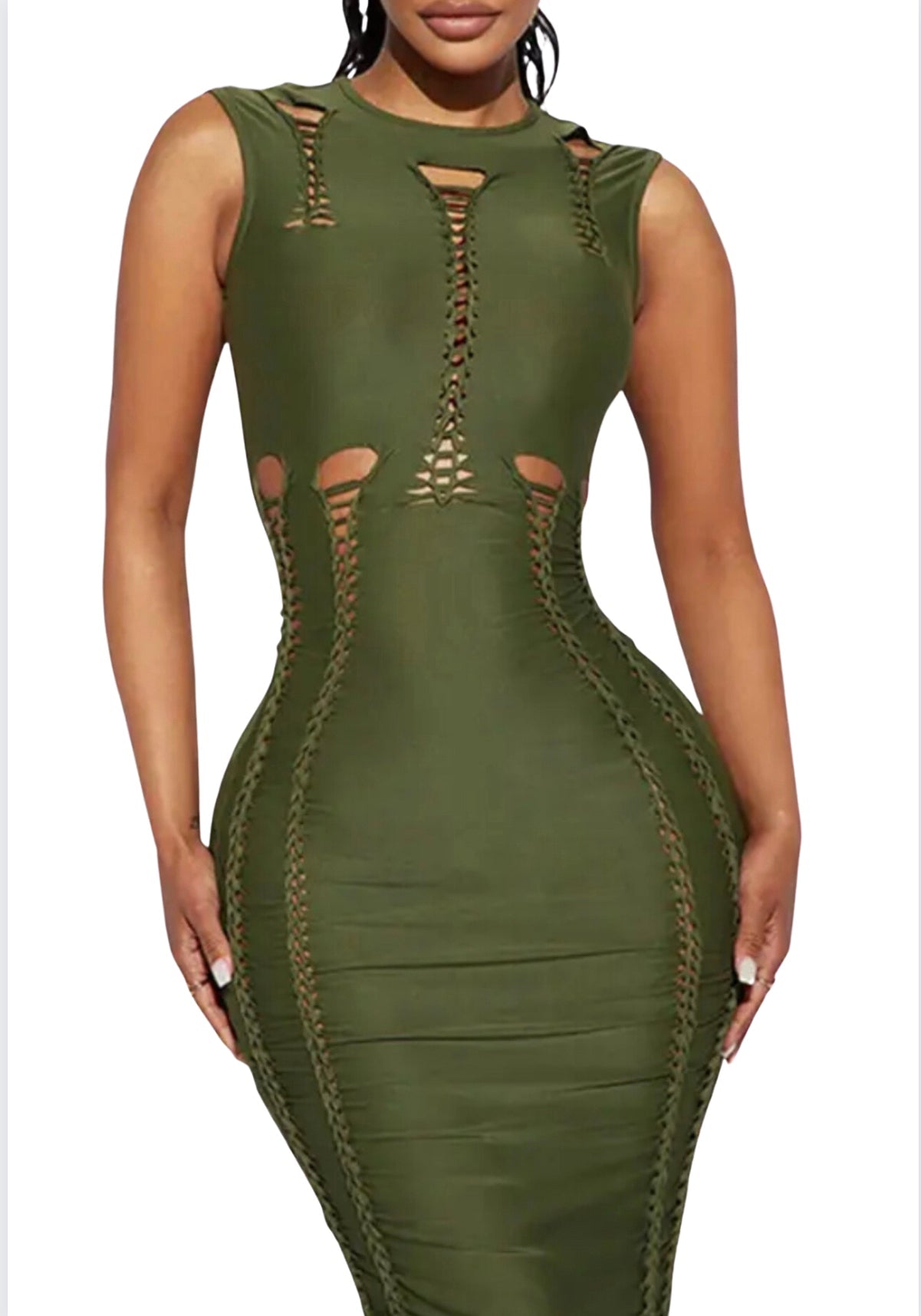 Women Solid Color Hollow Out Slim Round Neck Sleeveless Dress