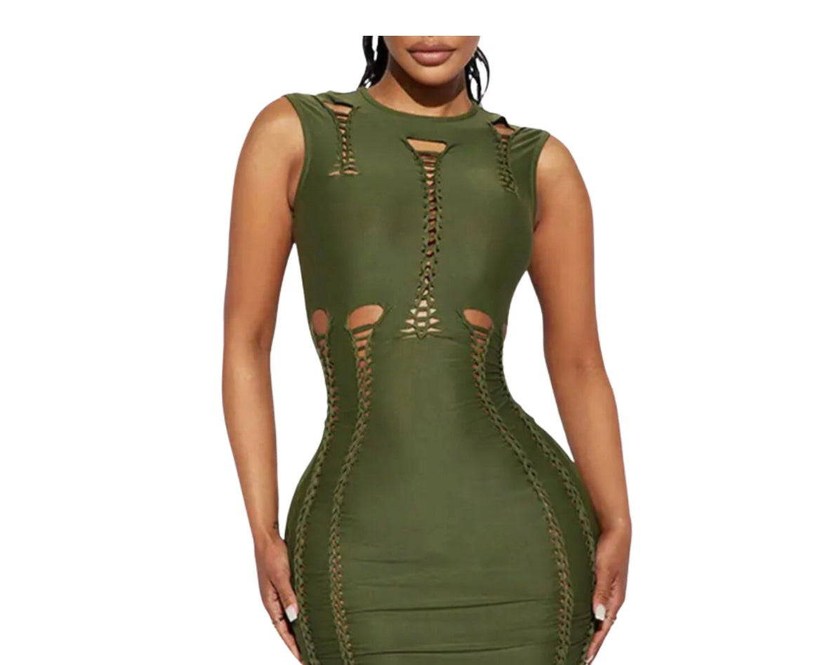 Women Solid Color Hollow Out Slim Round Neck Sleeveless Dress