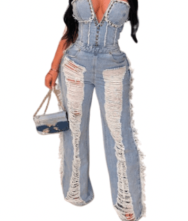 PINII Sexy One Pieces Ripped Jeans Tube Top