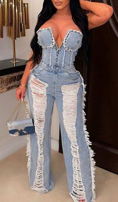 PINII Sexy One Pieces Ripped Jeans Tube Top
