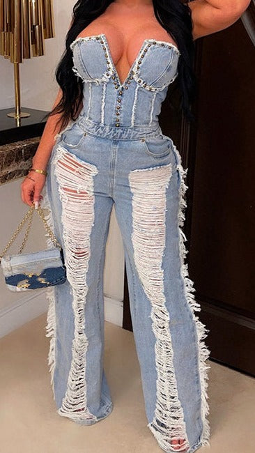 PINII Sexy One Pieces Ripped Jeans Tube Top