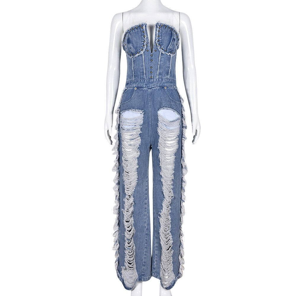 PINII Sexy One Pieces Ripped Jeans Tube Top