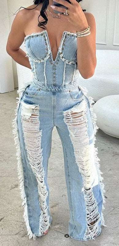 PINII Sexy One Pieces Ripped Jeans Tube Top