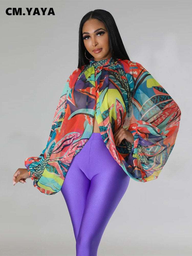Elegant Maxi Gradient Printed Batwing See Though Tops