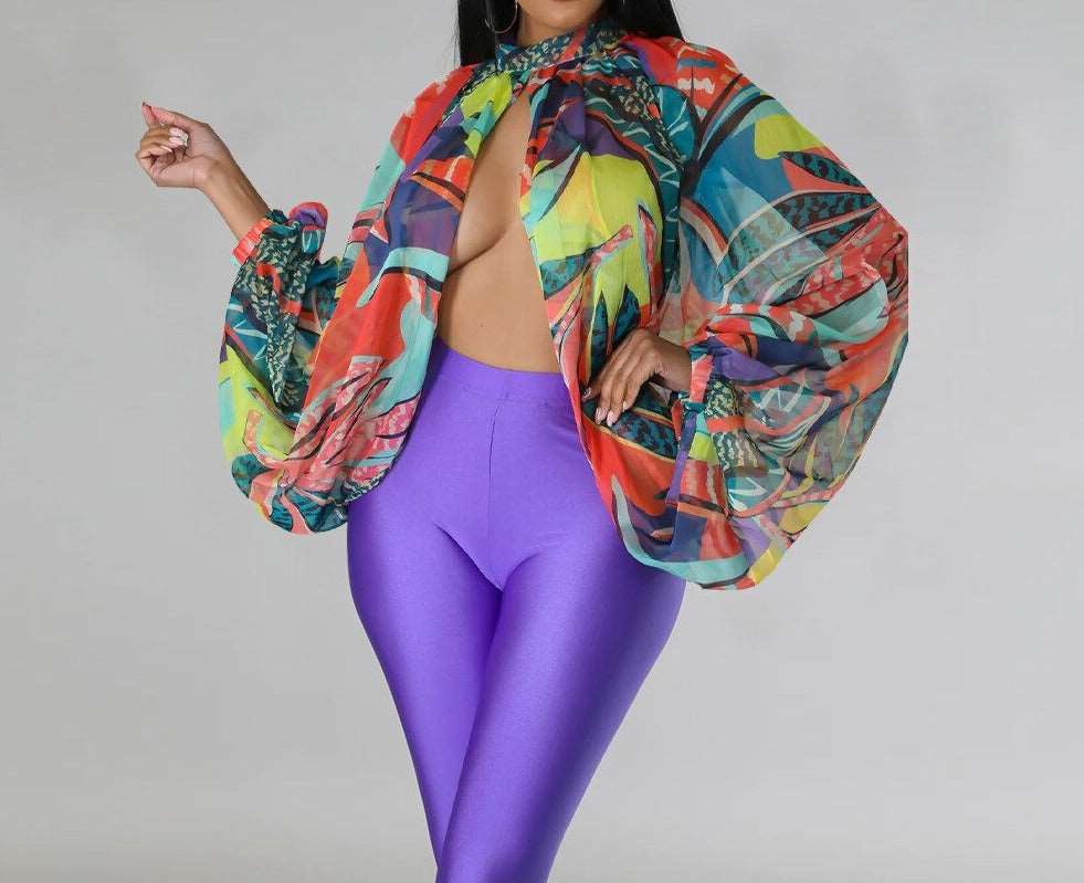 Elegant Maxi Gradient Printed Batwing See Though Tops