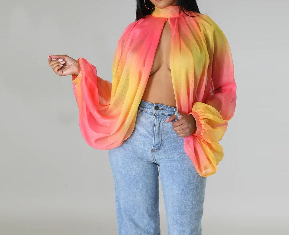 Elegant Maxi Gradient Printed Batwing See Though Tops