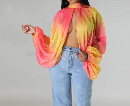 Elegant Maxi Gradient Printed Batwing See Though Tops