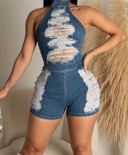 Ripped Hollow Out Sleeveless Halter Neck Zipper Back Denim