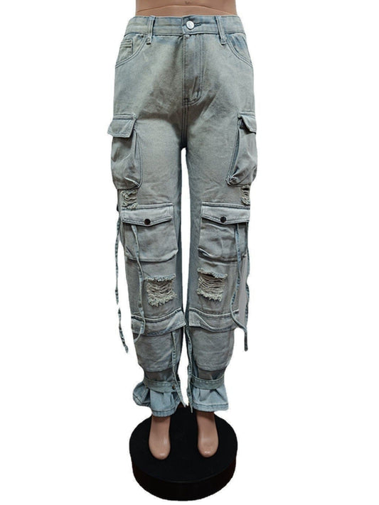 KAE Ripped Out Drawstring Hem Denim Pants