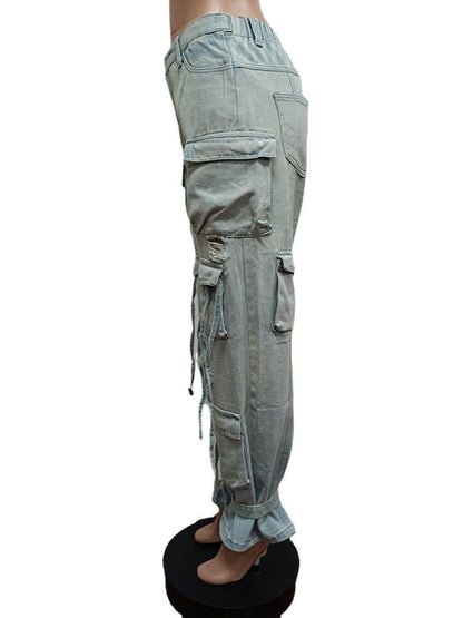 KAE Ripped Out Drawstring Hem Denim Pants