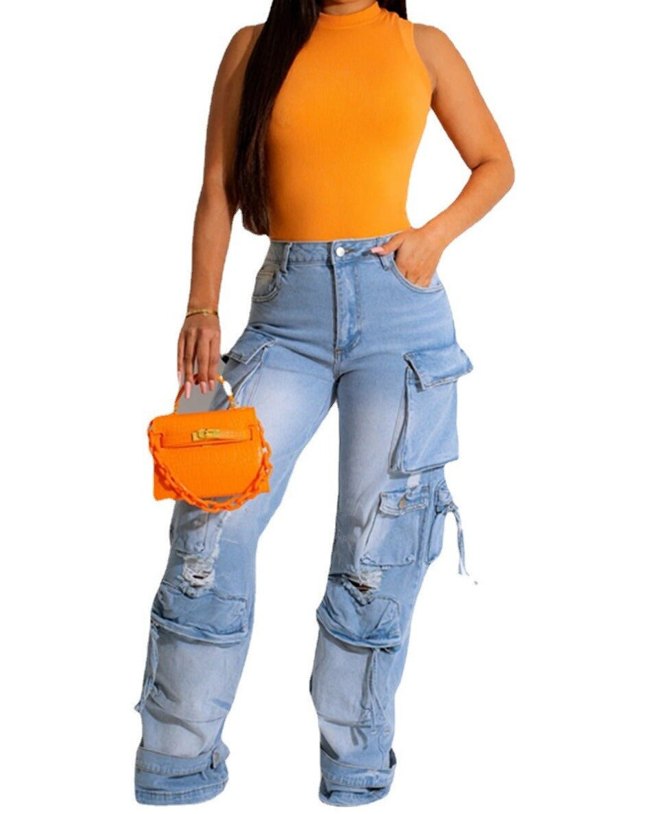 KAE Ripped Out Drawstring Hem Denim Pants