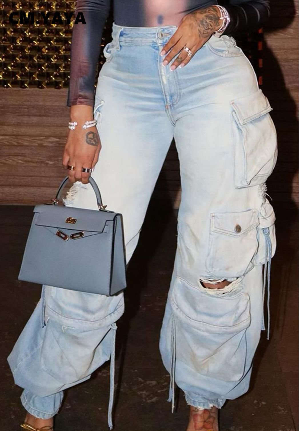 KAE Ripped Out Drawstring Hem Denim Pants
