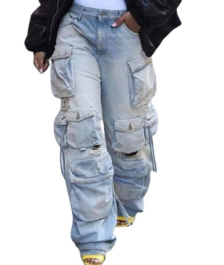 KAE Ripped Out Drawstring Hem Denim Pants