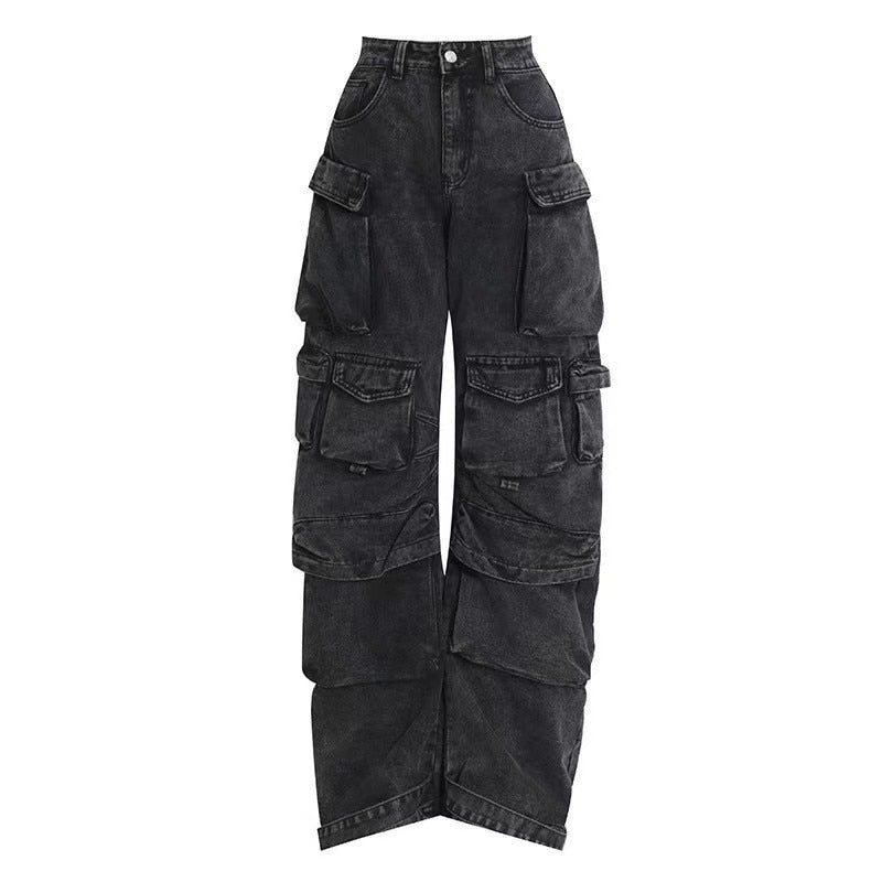 Fashion Pocket Front Lace Hem Straight Denim Pants