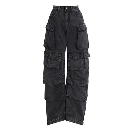 Fashion Pocket Front Lace Hem Straight Denim Pants