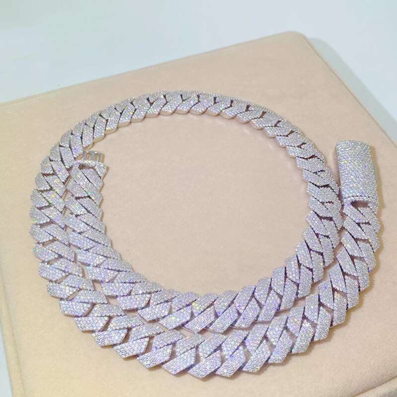 Moissanite Cuban Necklace f15mm Real D For Men 925 Sterling Silver 4 Row Bling Lab Diamond
