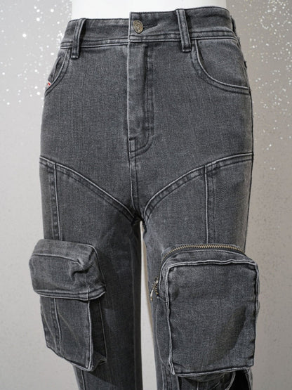 Women Jeans High Elastic Slim Lower Leg Zipper