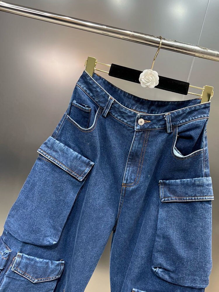 Women's Jeans Multiple Pockets Design Loose High Waist Straight Cargo Denim Pants