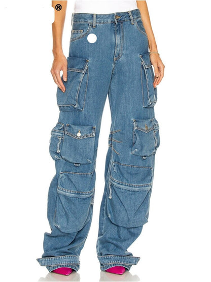 Women's Jeans Multiple Pockets Design Loose High Waist Straight Cargo Denim Pants