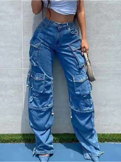 Women's Jeans Multiple Pockets Design Loose High Waist Straight Cargo Denim Pants