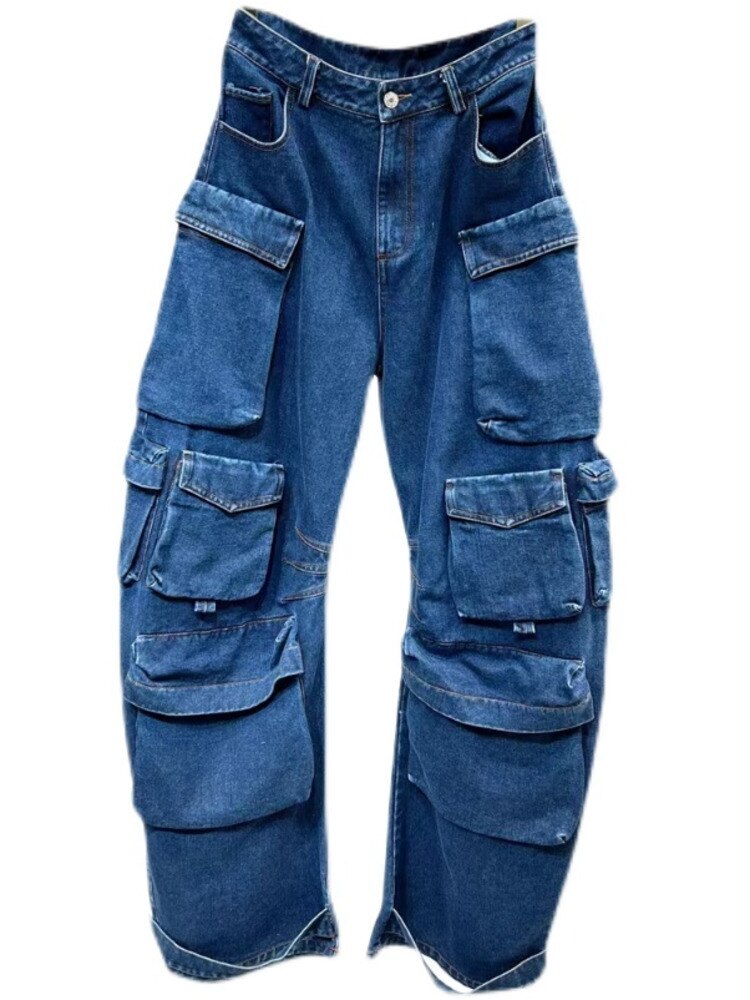 Women's Jeans Multiple Pockets Design Loose High Waist Straight Cargo Denim Pants