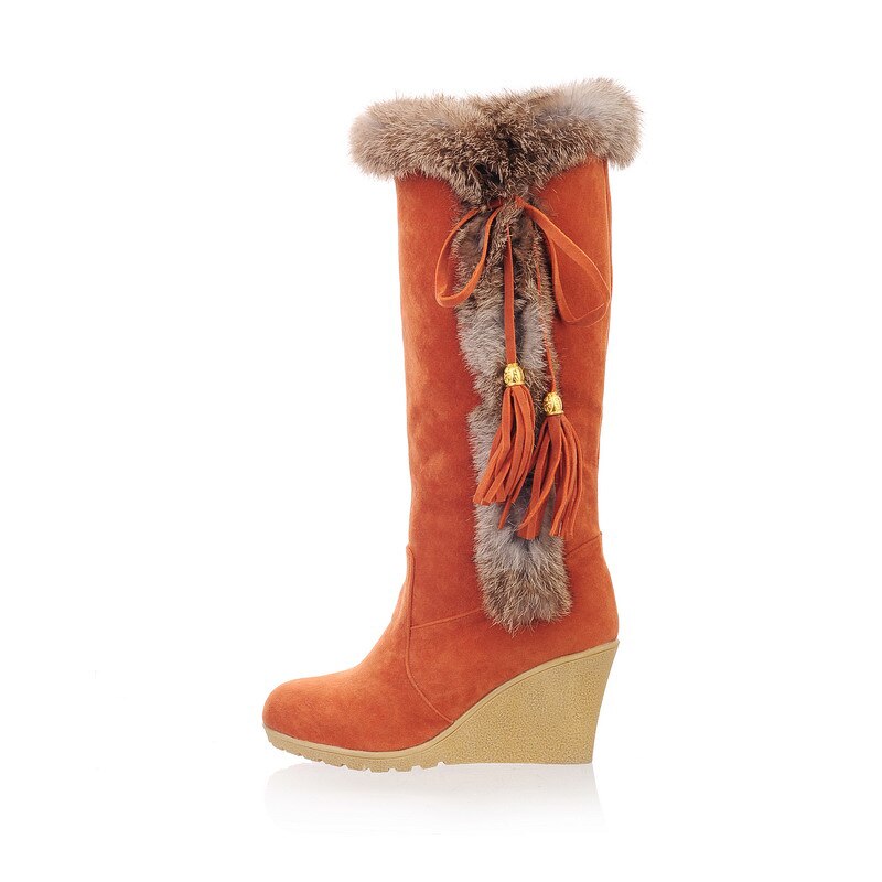 DoraTasia 2019 large size 35-42 Ladies wedges high heels winter warm fur shoes woman comfort slip on knee high snow boots women