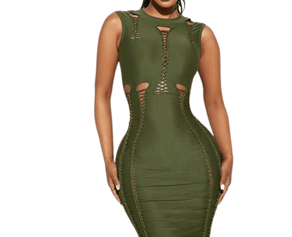 Women Solid Color Hollow Out Slim Round Neck Sleeveless Dress