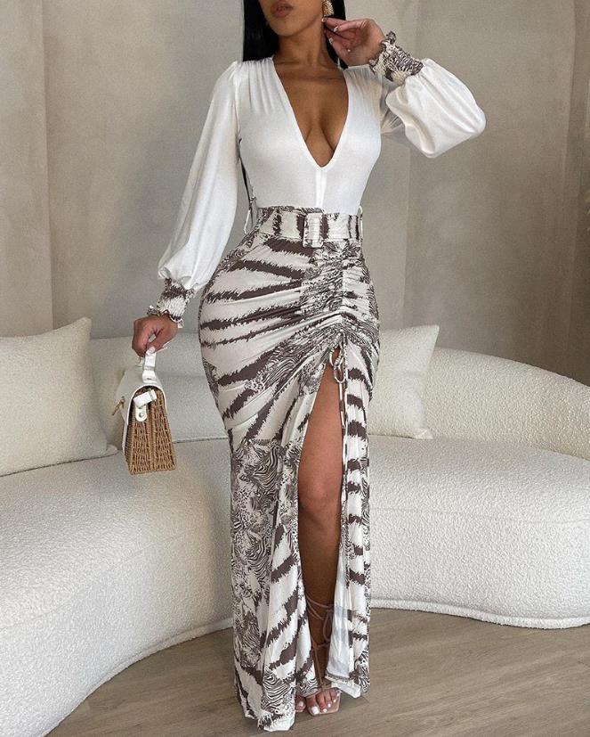 new fashion Elegant dresses for women sexy Tie Dye Print Plunge High Slit