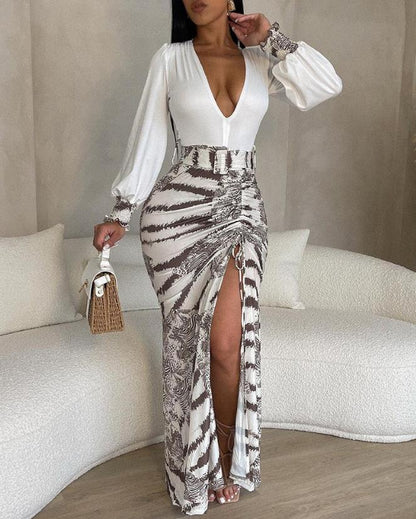 new fashion Elegant dresses for women sexy Tie Dye Print Plunge High Slit