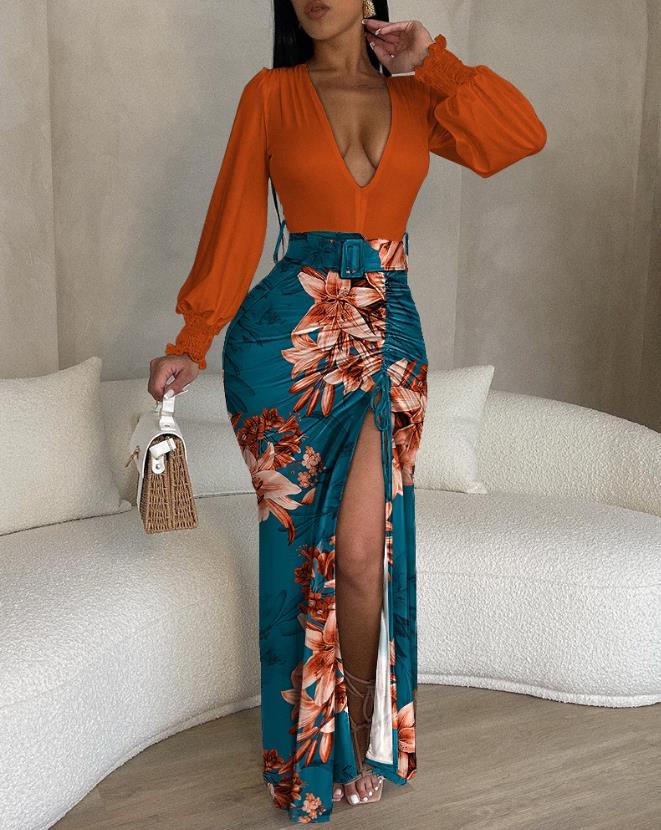 new fashion Elegant dresses for women sexy Tie Dye Print Plunge High Slit