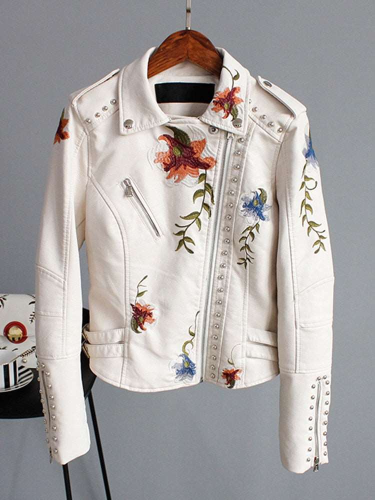 BEA Floral Print Embroidery Faux Leather Jacket