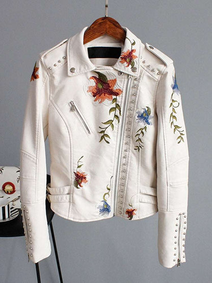 BEA Floral Print Embroidery Faux Leather Jacket
