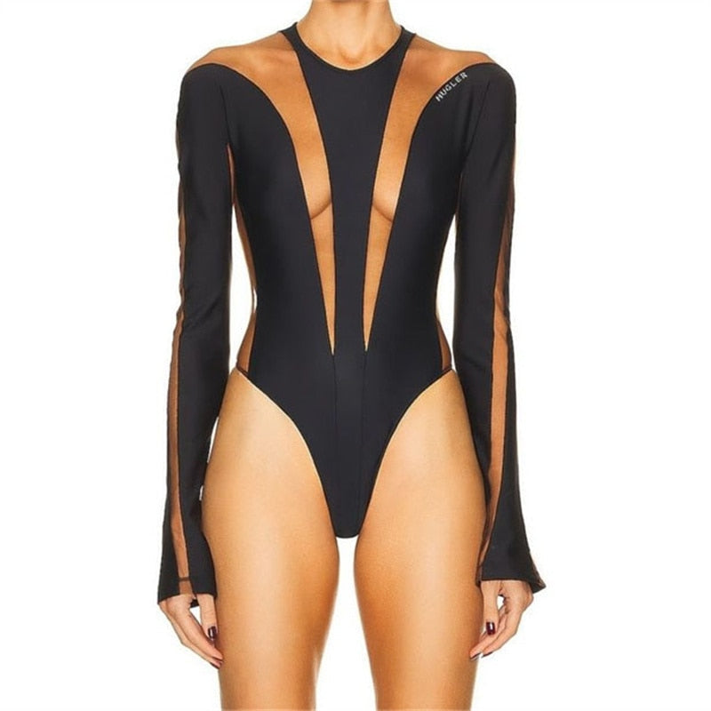 Women's Bodysuit Mesh Panel Long-Sleeved